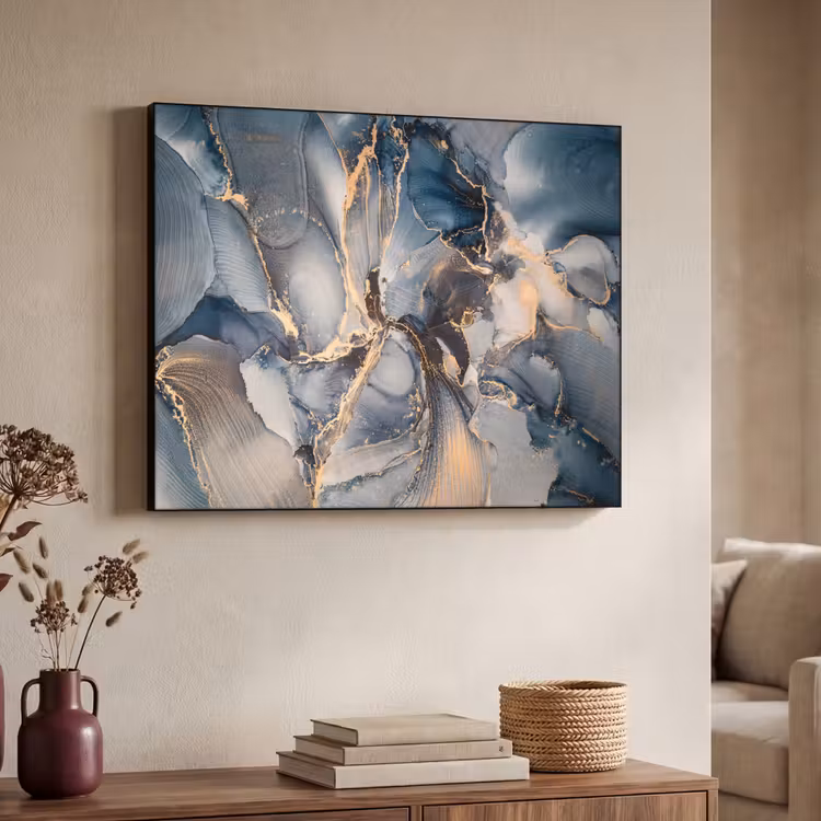 Marmer - Grijs - Blauw - Luxe - Goud Textielframe zwart klein -sfeer3