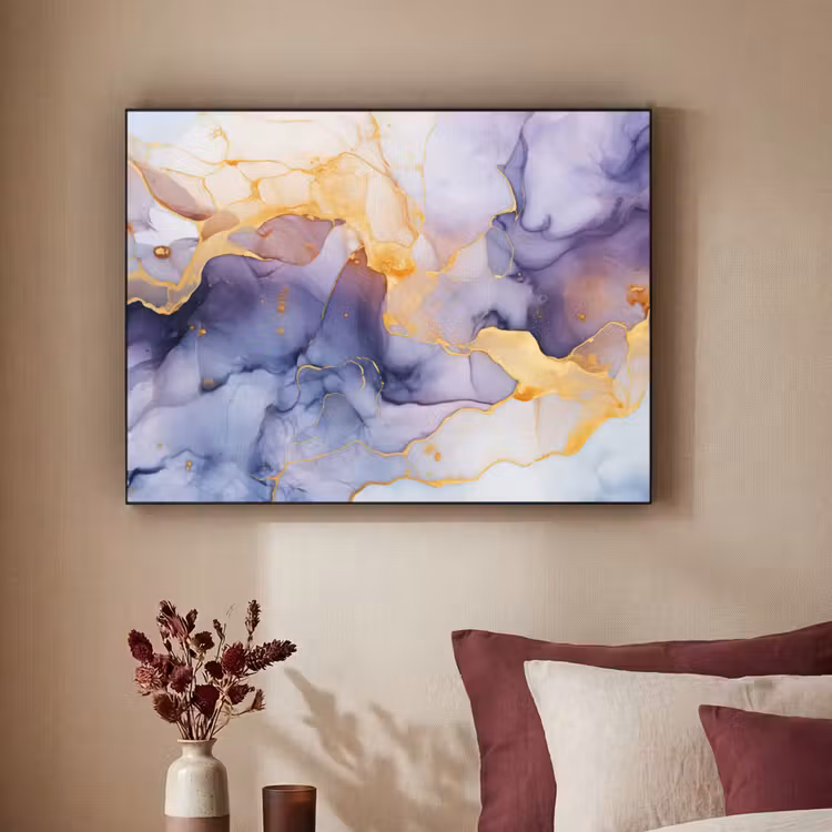 Marmer - Paars - Lila - Goud - Abstract Textielframe zwart klein -sfeer1