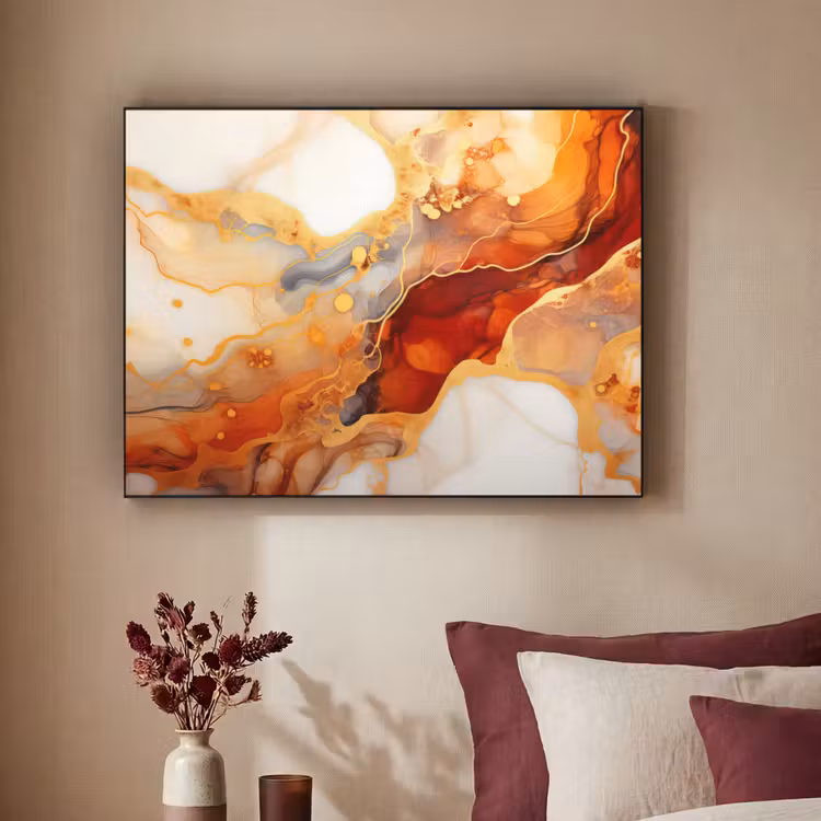 Marmer - Oranje - Goud - Modern - Abstract Textielframe zwart klein -sfeer1