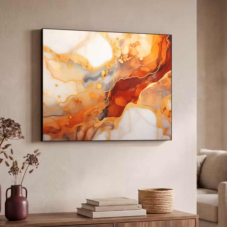 Marmer - Oranje - Goud - Modern - Abstract Textielframe zwart klein -sfeer3