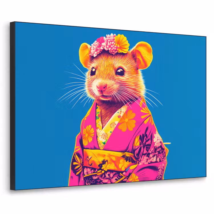 Muis - Kimono - Bloemen - Blauw Textielframe - compleet frame klein -3d