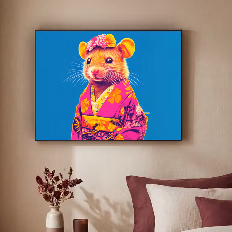 Muis - Kimono - Bloemen - Blauw Textielframe - compleet frame klein -sfeer1