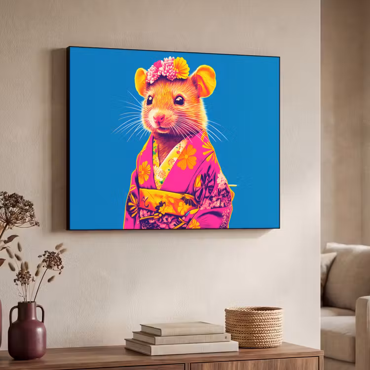 Muis - Kimono - Bloemen - Blauw Textielframe - compleet frame klein -sfeer3