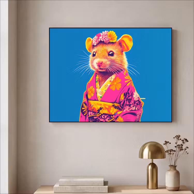 Muis - Kimono - Bloemen - Blauw Textielframe zwart klein -sfeer2