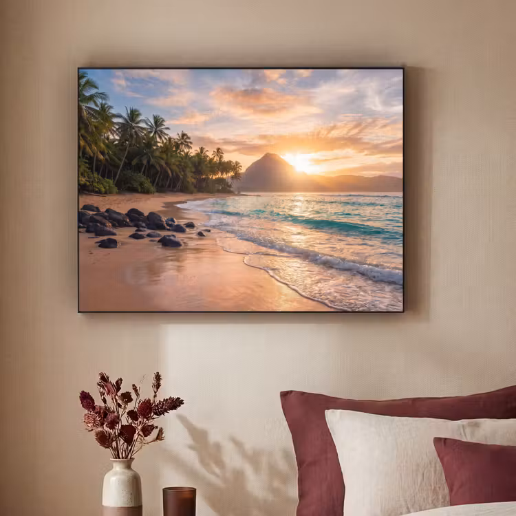 Zee - Berg - Landschap - Tropisch - Goud Textielframe zwart klein -sfeer1