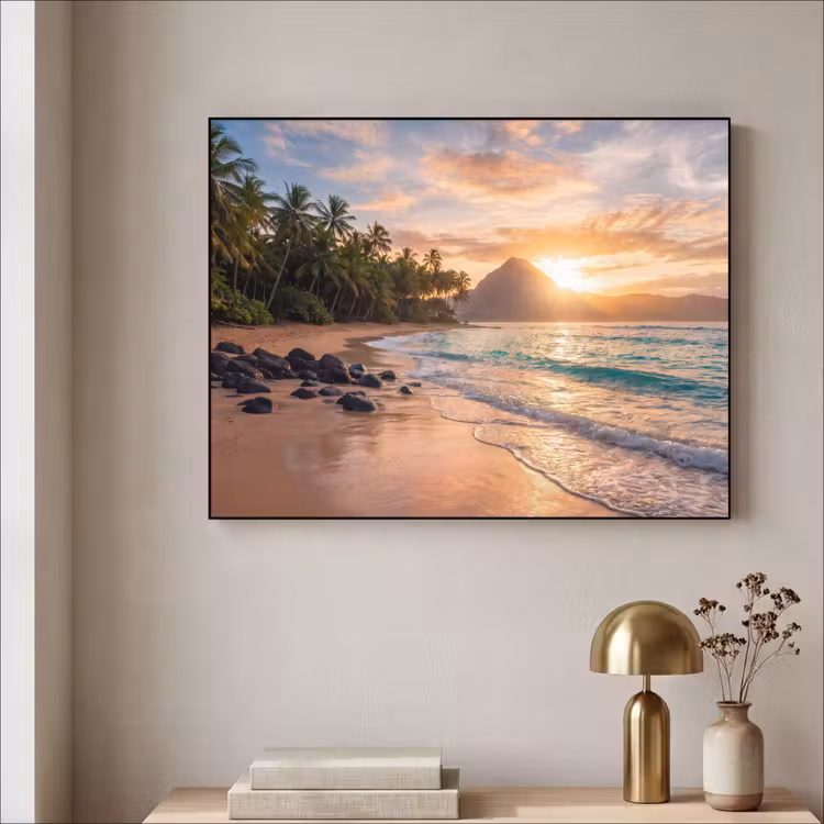 Zee - Berg - Landschap - Tropisch - Goud Textielframe zwart klein -sfeer2