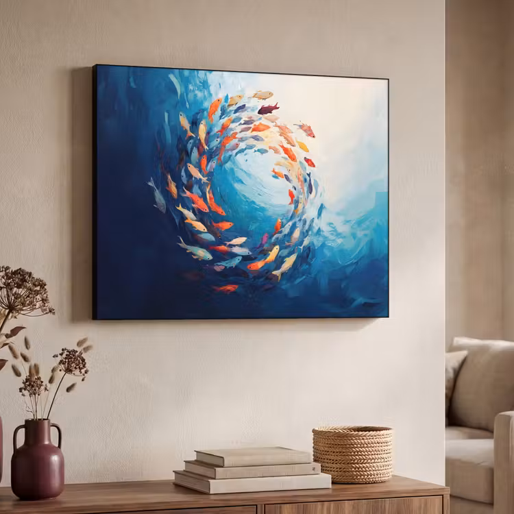 Zee - Vissen - Kleurrijk - Dynamisch Textielframe zwart klein -sfeer3