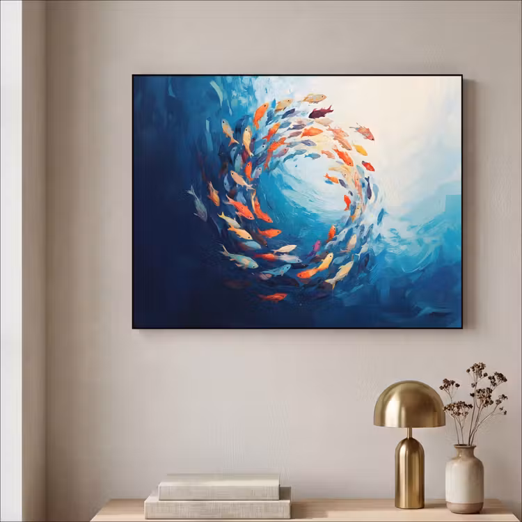 Zee - Vissen - Kleurrijk - Dynamisch Textielframe zwart klein -sfeer2