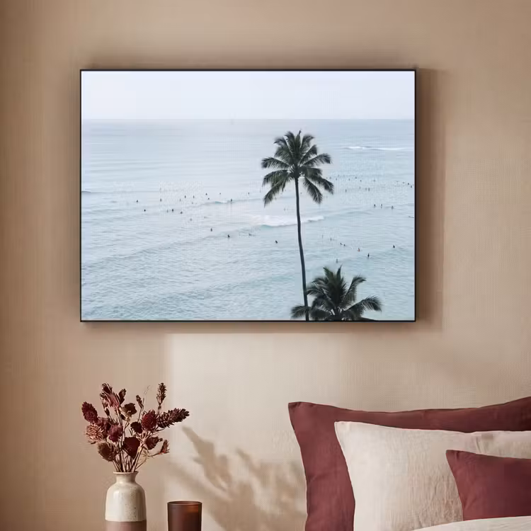 Oceaan - Palmbomen - Surfers Textielframe zwart klein -sfeer1