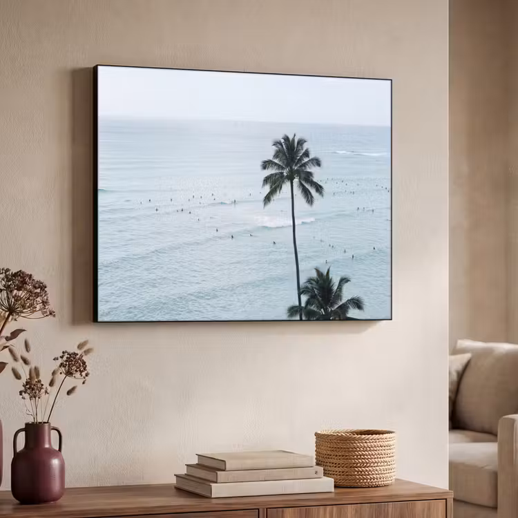 Oceaan - Palmbomen - Surfers Textielframe zwart klein -sfeer3