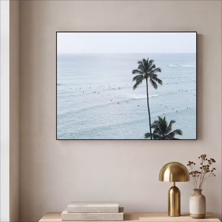 Oceaan - Palmbomen - Surfers Textielframe zwart klein -sfeer2