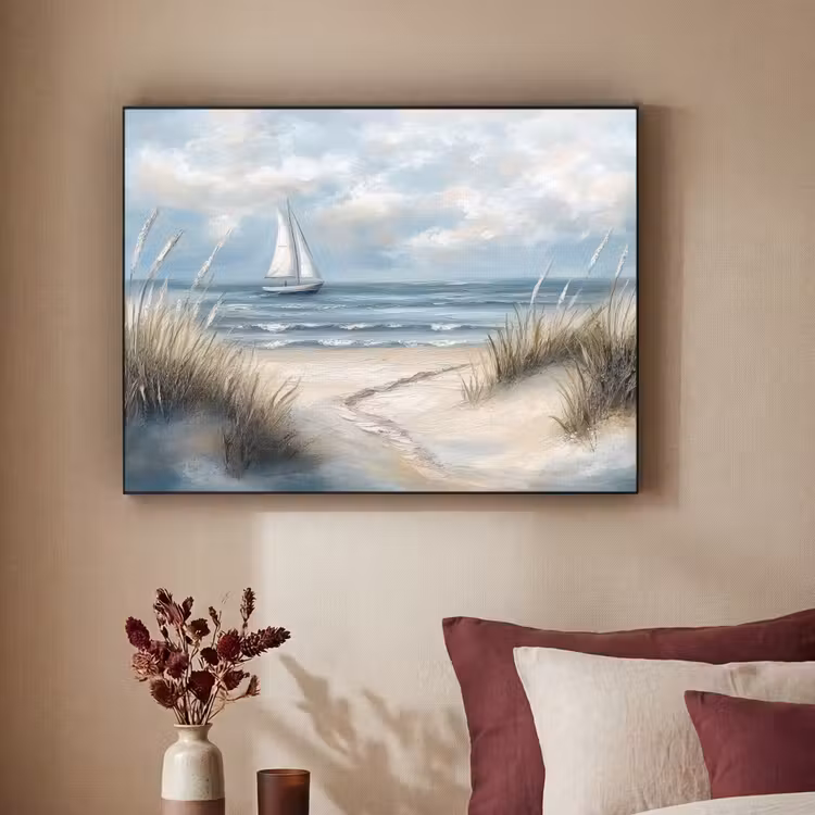 Zee - Zeilboot - Strand - Duinen - Vintage Textielframe - compleet frame klein -sfeer1