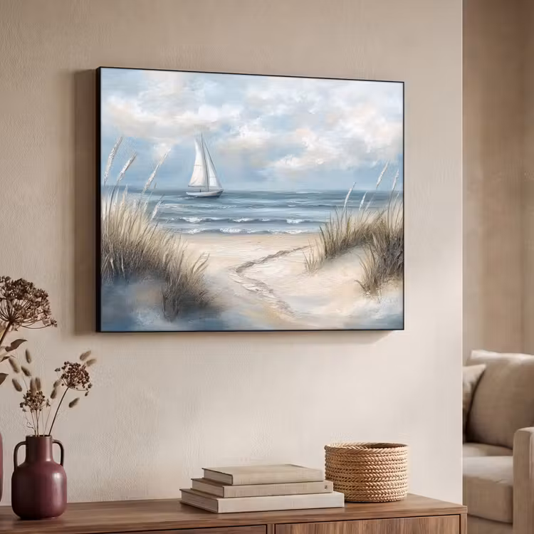 Zee - Zeilboot - Strand - Duinen - Vintage Textielframe zwart klein -sfeer3