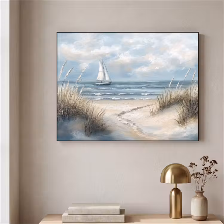 Zee - Zeilboot - Strand - Duinen - Vintage Textielframe - compleet frame klein -sfeer2