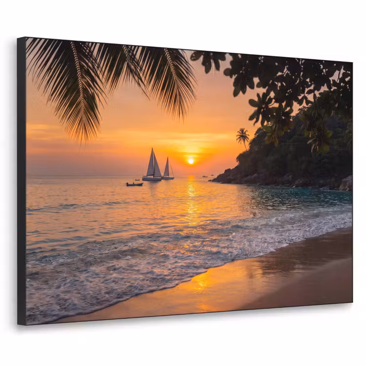 Zee - Zonsondergang - Boot - Natuur - Oranje Textielframe zwart klein -3d