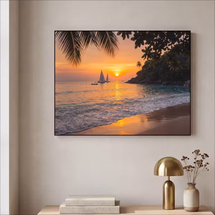 Zee - Zonsondergang - Boot - Natuur - Oranje Textielframe zwart klein -sfeer2