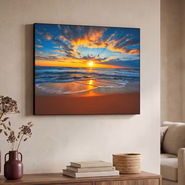 Zee - Zonsondergang - Strand - Wolken - Oranje Textielframe zwart klein -sfeer3
