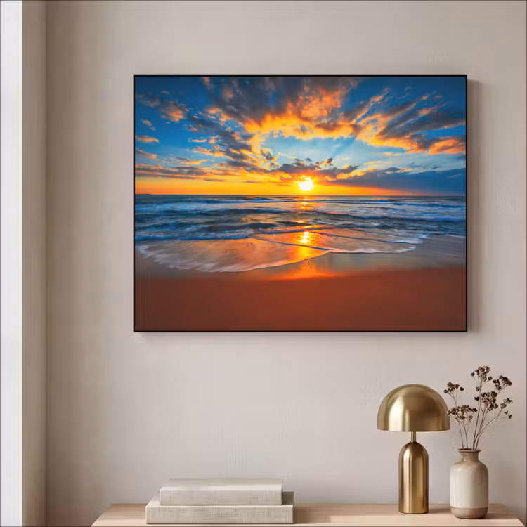 Zee - Zonsondergang - Strand - Wolken - Oranje Textielframe zwart klein -sfeer2