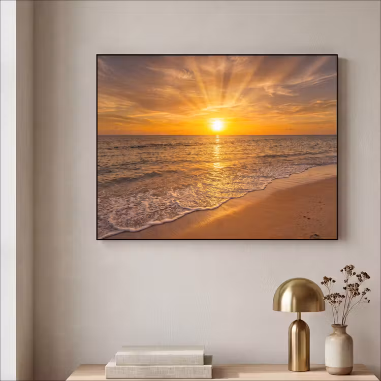 Zee - Zonsondergang - Golven - Kust - Oranje Textielframe zwart klein -sfeer2