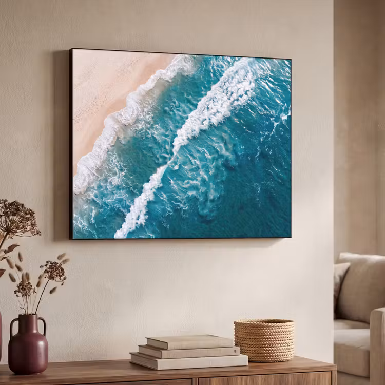 Zee - Strand - Golven - Natuur - Blauw Textielframe zwart klein -sfeer3