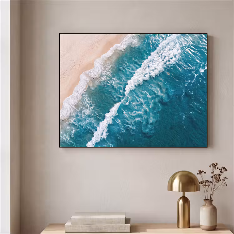 Zee - Strand - Golven - Natuur - Blauw Textielframe zwart klein -sfeer2