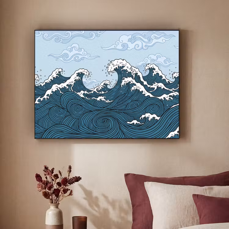 Zee - Golven - Japans - Natuur - Blauw Textielframe zwart klein -sfeer1