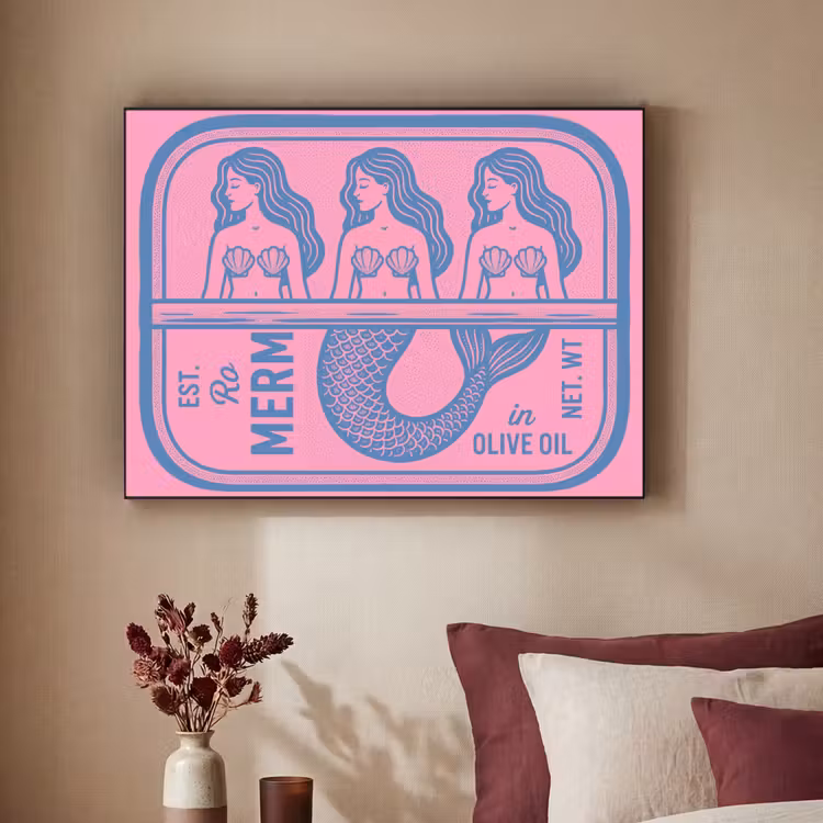 Meermin - Sardineblik - Illustratie - Roze - Retro Textielframe zwart klein -sfeer1