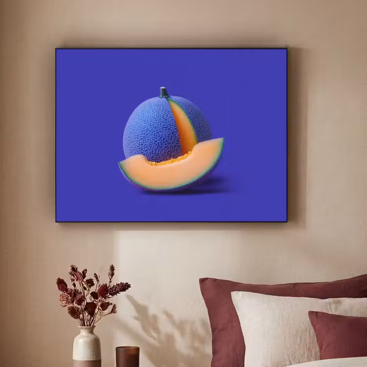 Meloen - Blauw - Oranje - Kunstzinnig Textielframe - compleet frame klein -sfeer1