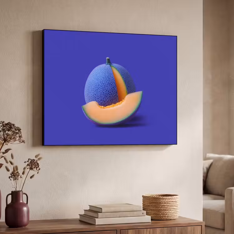 Meloen - Blauw - Oranje - Kunstzinnig Textielframe - compleet frame klein -sfeer3