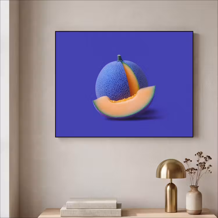 Meloen - Blauw - Oranje - Kunstzinnig Textielframe zwart klein -sfeer2