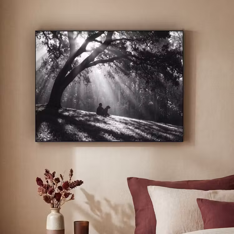 Mens - Hond - Natuur - Zwart-wit - Silhouet Textielframe zwart klein -sfeer1