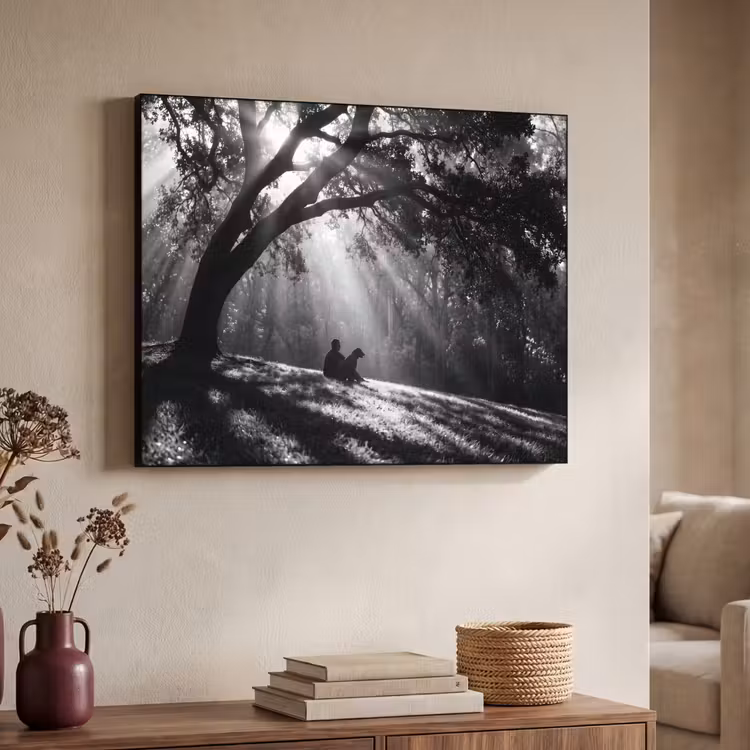 Mens - Hond - Natuur - Zwart-wit - Silhouet Textielframe zwart klein -sfeer3