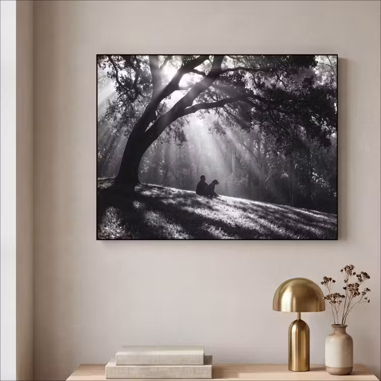 Mens - Hond - Natuur - Zwart-wit - Silhouet Textielframe zwart klein -sfeer2