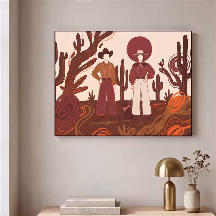 Mensen - Cowboykleding - Westerse stijl - Illustratie - Bruin Textielframe zwart klein -sfeer2