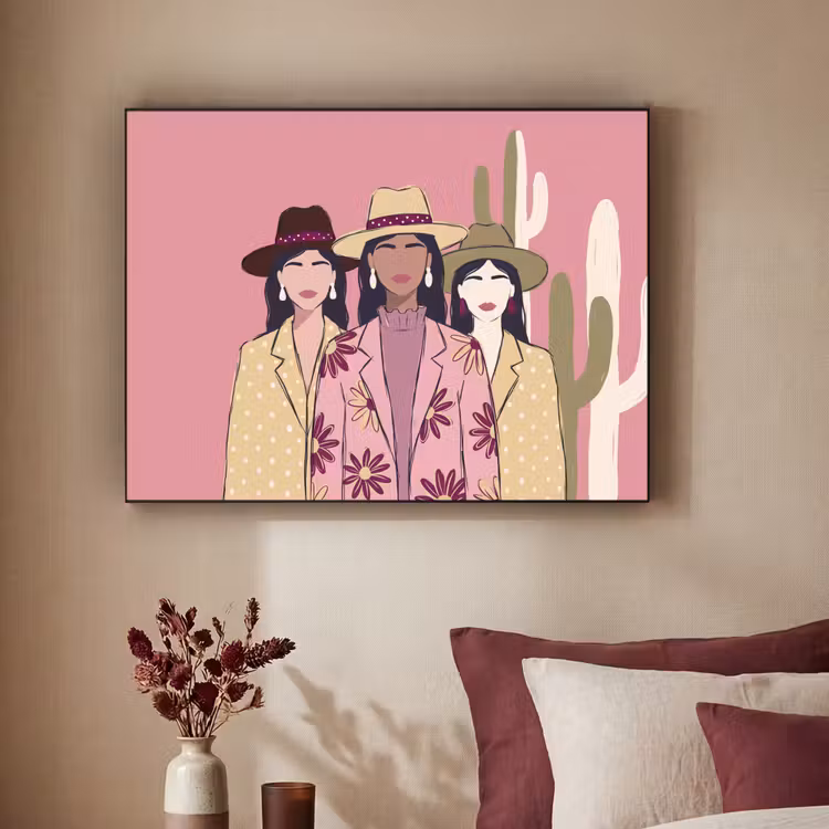 Mensen - Hoeden - Abstract - Roze - Portret Textielframe zwart klein -sfeer1