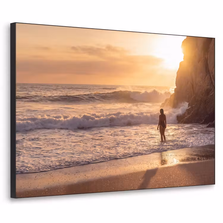 Mensen - Oceaan - Zonsondergang - Kust - Goud Textielframe zwart klein -3d