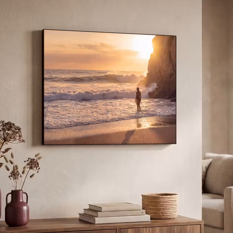 Mensen - Oceaan - Zonsondergang - Kust - Goud Textielframe zwart klein -sfeer3