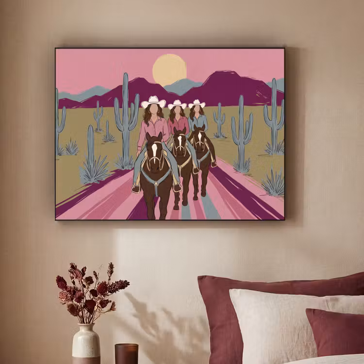 Mensen - Paard - Woestijn - Abstract - Roze Textielframe zwart klein -sfeer1