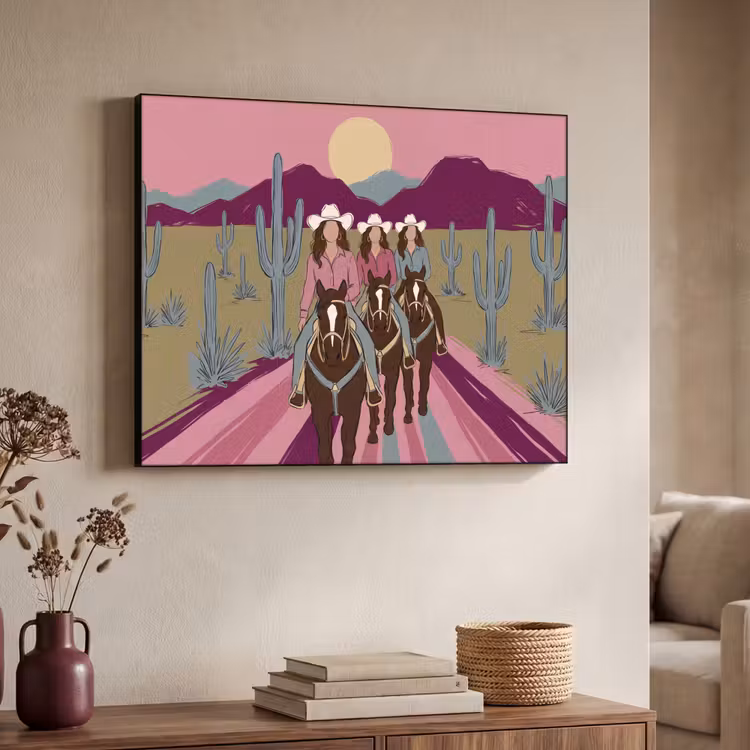Mensen - Paard - Woestijn - Abstract - Roze Textielframe zwart klein -sfeer3