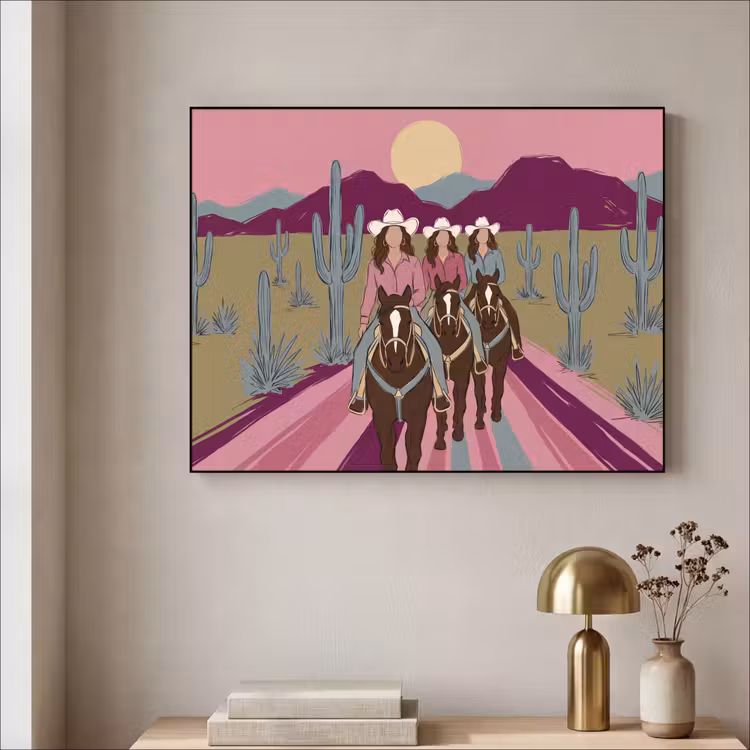 Mensen - Paard - Woestijn - Abstract - Roze Textielframe zwart klein -sfeer2