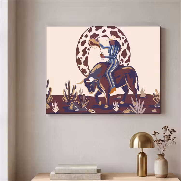 Mensen - Dieren - Cowboy - Abstract - Kleurrijk Textielframe zwart klein -sfeer2