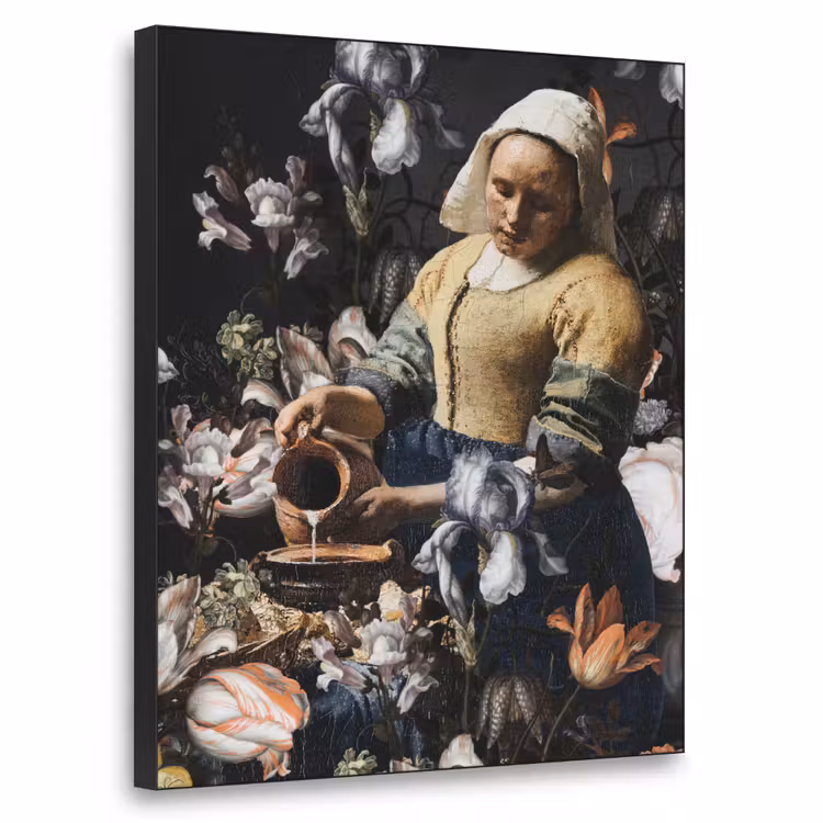 Melkmeisje - Johannes Vermeer - Bloemen - Blauw Textielframe zwart klein -3d