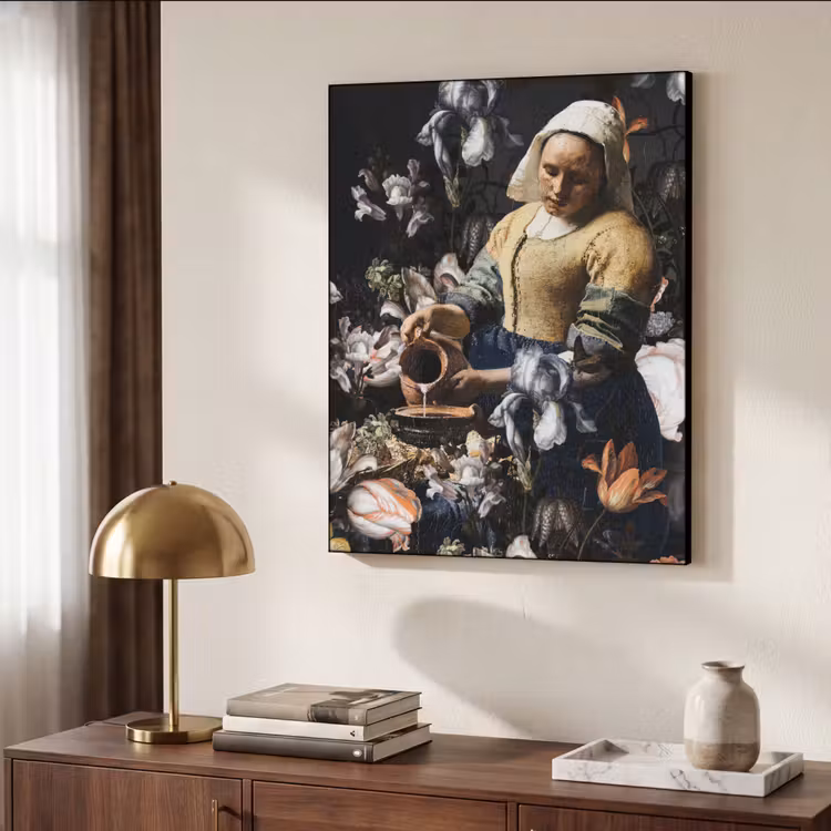 Melkmeisje - Johannes Vermeer - Bloemen - Blauw Textielframe zwart klein -sfeer3