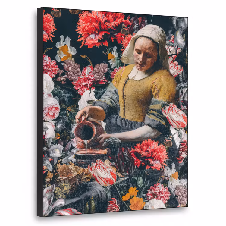 Melkmeisje - Johannes Vermeer - Bloemen - Roze Textielframe zwart klein -3d