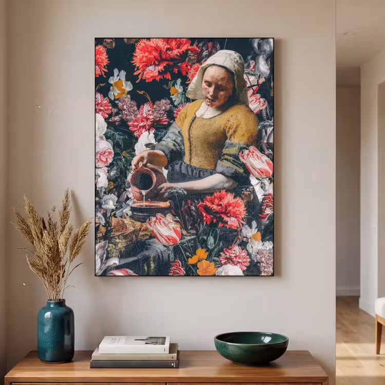 Melkmeisje - Johannes Vermeer - Bloemen - Roze Textielframe zwart klein -sfeer1