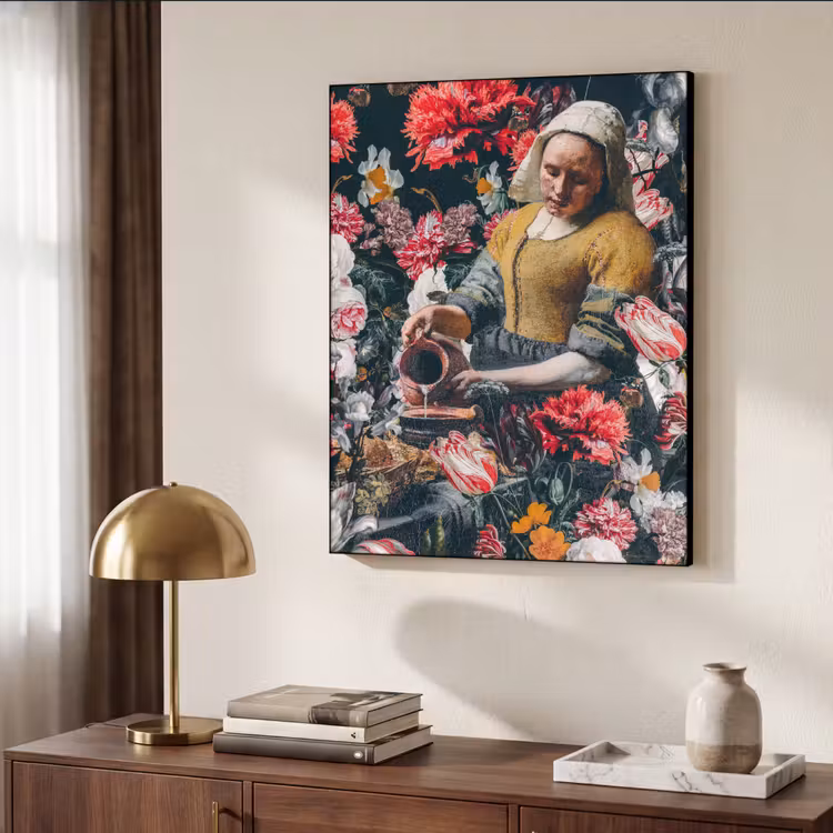 Melkmeisje - Johannes Vermeer - Bloemen - Roze Textielframe zwart klein -sfeer3