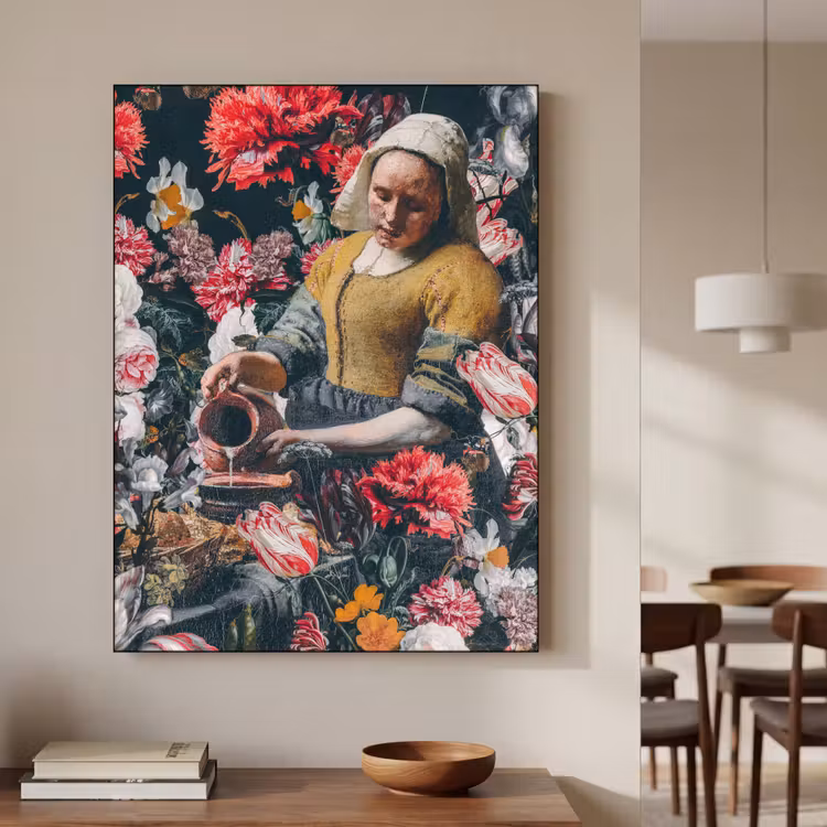 Melkmeisje - Johannes Vermeer - Bloemen - Roze Textielframe zwart klein -sfeer2