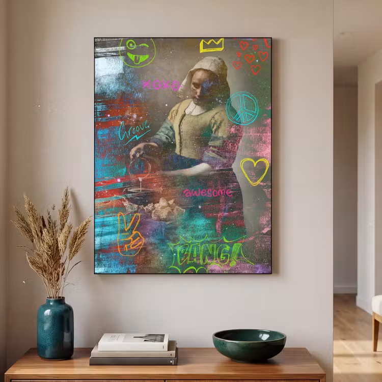 Melkmeisje - Johannes Vermeer - Graffiti Textielframe zwart klein -sfeer1