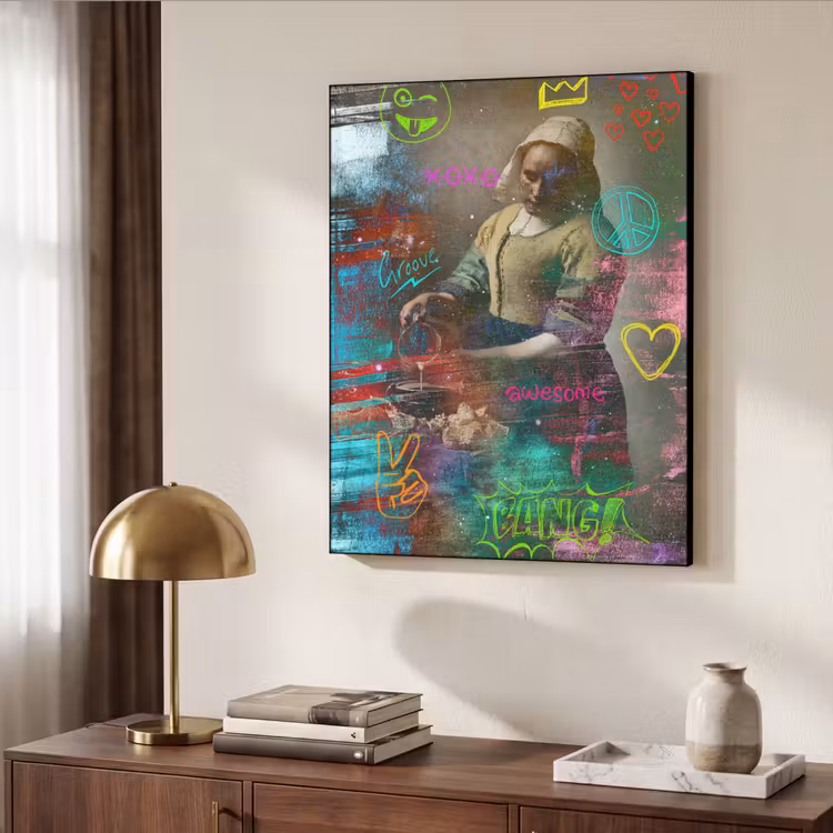 Melkmeisje - Johannes Vermeer - Graffiti Textielframe zwart klein -sfeer3