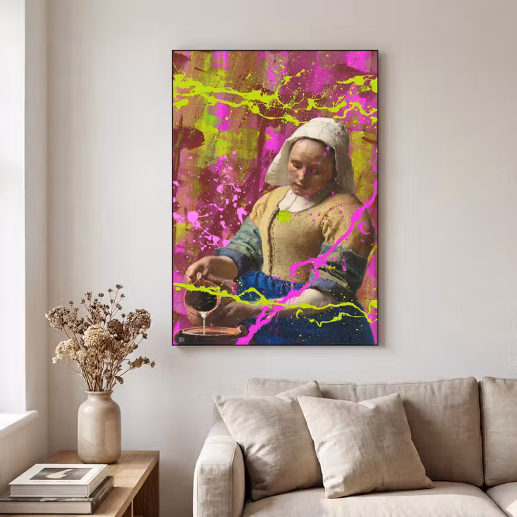 Melkmeisje - Johannes Vermeer - Neon Textielframe zwart klein -sfeer1
